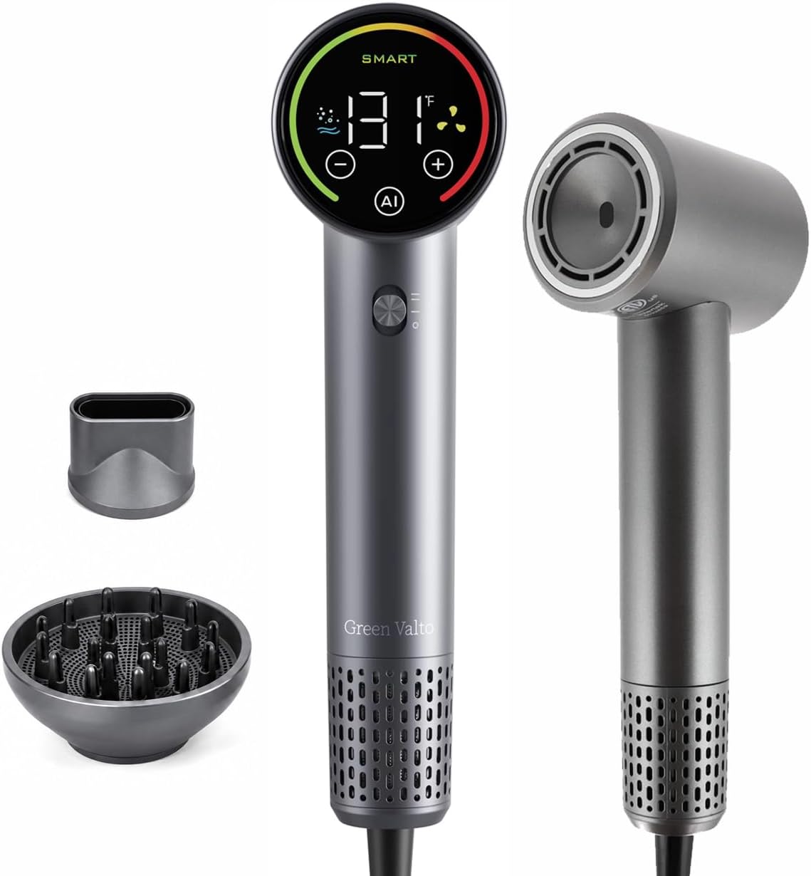 Gray Green Valto hair dryer, touchscreen, magnetic concentrator and diffuser